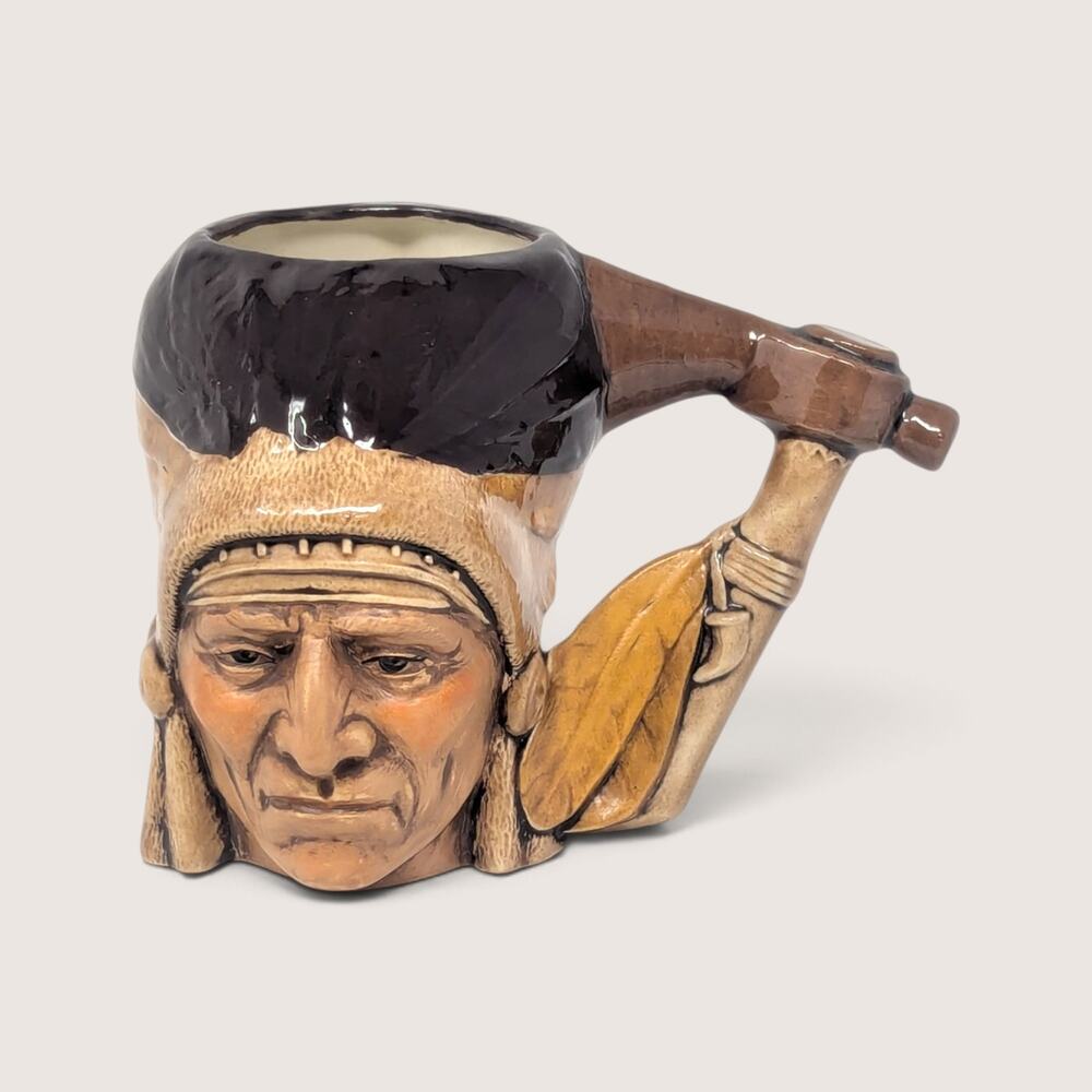 Vintage 1980s Native American Chief Ceramic Character Mug Tomahawk Handle